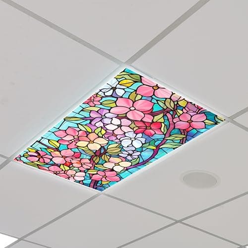Glooglitter 4 Pcs Colorful Floral Fluorescent Light Covers 4 x 2 ft Stained Glass Magnetic Office Light Cover for Ceiling with 10 Magnets Filter Reduce Glare for Classroom School Home thumbnail 2