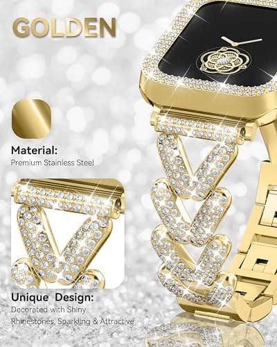 Rhinestones Encrusted Metal Bracelet and Case, Compatible with Apple Watch Bands 38mm-49mm (Series 10/1/SE/Ultra 2)- Bling Gold Women's Jewelry Strap, Luxury iWatch Bracelet with Screen Protector thumbnail 2