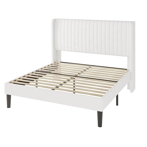 Allewie Queen Size Velvet Bed Frame/Vertical Channel Tufted Wingback Headboard/Upholstered Platform Bed/Strong Wooden Slats/No Box Spring Needed/Easy Assembly/White thumbnail 9