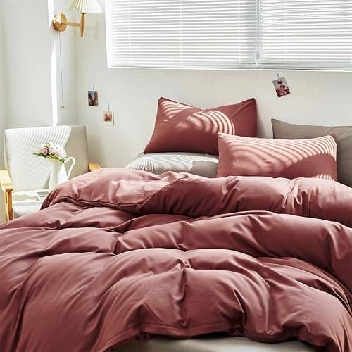 Cottonight Brick Red Comforter Set King Marroon Bedding Comforter Set Solid Modern Cotton Blackish Red Blanket Quilts Soft Simple Modern Breathable 3 Piece Hotel Quality Comforter Set for Women Men thumbnail 2