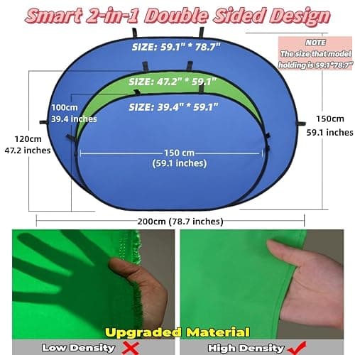 Blue Green Screen Backdrop Double Sided Collapsible Greenscreen Backdrop with Carrying Bag,Portable Pop Up Green Screen Background for Streaming Webcam 39.4 * 59.1" thumbnail 2