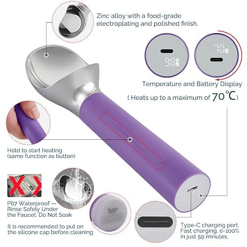 Heated Ice Cream Scoop Rechargeable, Electric Warming Ice Cream Scooper with LED Display, Heats to 158°F for Hard Ice Cream, Easy for Seniors & Kids, IP67 Waterproof (Royal Purple, 2oz) thumbnail 3