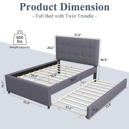 civama Full Bed with Trundle, Upholstered Full Over Twin Pull Out Platform Bed with Soft Linen Headboard & Wooden Slat Support for Bedroom Apartment, No Box Spring Needed, Grey thumbnail 2