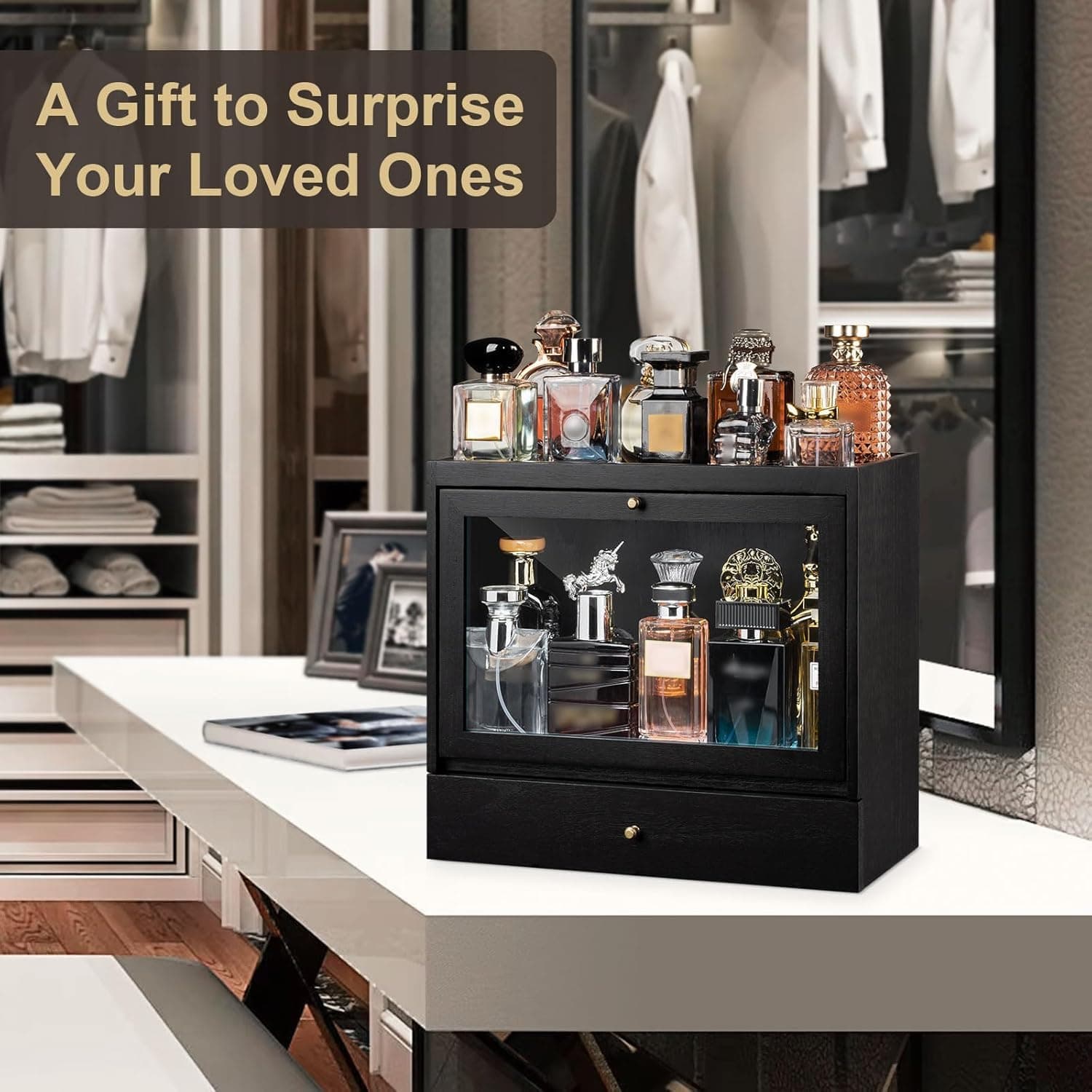 Cologne Organizer for Men, Large Capacity Dustproof Cologne Holder with Drawer, Solid Wood Perfumes Organizer for Men Dresser (Black) thumbnail 7