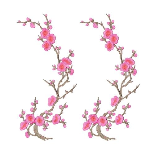 letsinstyle 2 PCS Pink Vintage Plum Blossom Iron on Patch, Embroidery Flower Vines Sew on Patches, Embroidered Floral Appliques for Wedding Dress Decoration Repair DIY Craft - Image 1