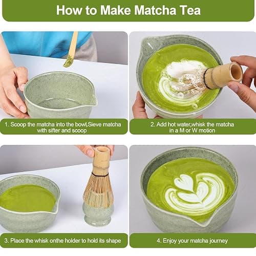 Matcha Set, Matcha Whisk Set Includes 17oz Matcha Bowl with Spout,Matcha Whisk,Chasen Holder, 2 Scoop, Sifter - 6 Pcs Tea Green Glaze Ceramic Matcha Kit for Matcha Lover thumbnail 6