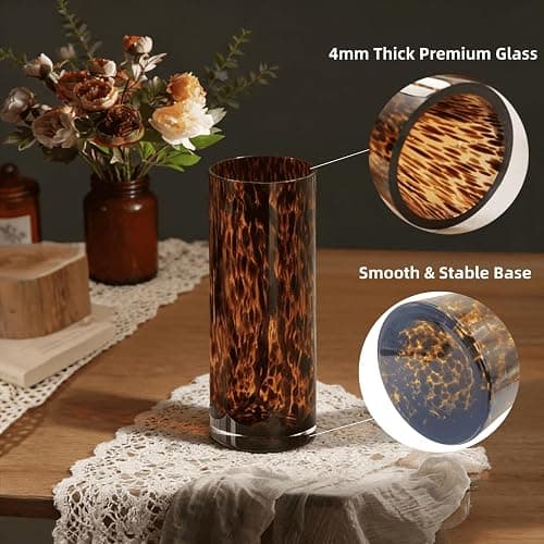 Large Leopard Amber Glass Vase, Luxe 11.8” Brown Decorative Centerpiece, Translucent Vintage Tortoise Shell Vase for Pampas Grass, Boho Modern Farmhouse Home Decor thumbnail 4