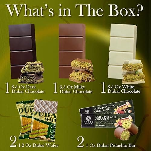 Dubai Chocolate Variety Pack – 7 pack, 3 Milky, Dark & White Chocolate + 2 Dubai Wafers + 2 Mini Bars – Elegant Gift Box, Middle Eastern Dessert Sampler thumbnail 2