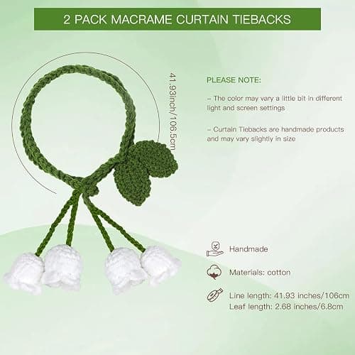 OCIOLI 2 Pack Boho Handmade Flower Curtain Tiebacks Curtain Holdbacks - No Drill Rope Curtain Holder, Drapery Holdback Decorative Pull Backs for Nursery & Bedroom Decor (2, Lily of The Valley) thumbnail 4