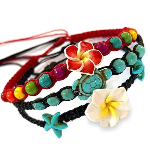 LAVIP Leather Anklet or Bracelet Starfish Turquoise Hawaiian Plumeria Flower Starfish Turquoise Hemp Bracelet - Image 1