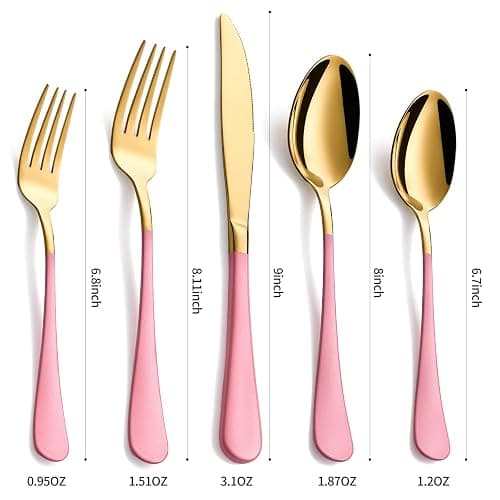 Moxinox 20-Piece Gold Silverware Set, 18/0 Stainless Steel Pink Handle Flatware Set, Service for 4, Modern Cutlery Set Includes Dinner Knives Forks Spoons, Mirror Polished, Dishwasher Safe thumbnail 2