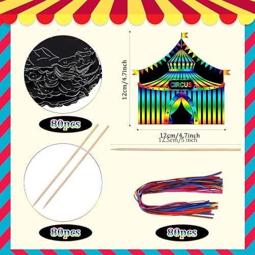 RoundFunny 80 Pcs Carnival Cutouts Scratch Cards Circus Theme Party Crafts Kids Colorful Circus Animals Scratch Paper for DIY with 80 Pcs Stick and Ribbon for Birthday Party Classroom Rewards Art thumbnail 2