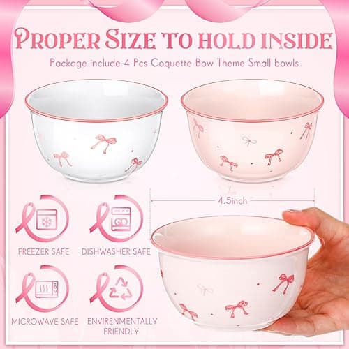 Reallnaive 4 Pcs Pink Bow Ceramic Bowls Set 4.5 Inch Coquette Cute Soup Bowl 12 Ounces Dessert Bowls for Kitchen Side Dishes Ice Cream Rice Soup Snack Cereal, Microwave and Dishwasher Safe thumbnail 6