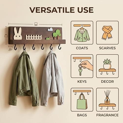 Raoletin Wooden Kids Coat Hooks Wall Mounted with 6 Hooks, No Drill Cute Bunny Woodland Theme Coat Rack, Glue-On Nursery Decor Hanger for Coats, Hats, Backpacks, Towels, Bedroom & Playroom thumbnail 4
