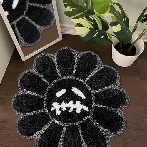 Shovagy Trippy Happy Face Rug Cool Rugs Graphic Design Tufted Bathroom Rugs | 3.3FT Black, Soft Absorbent, Non Slip Backing, Cool Rugs for Bedroom, Mens Room Decor Carpet, Halloween Gothic Skull Rug - Image 1