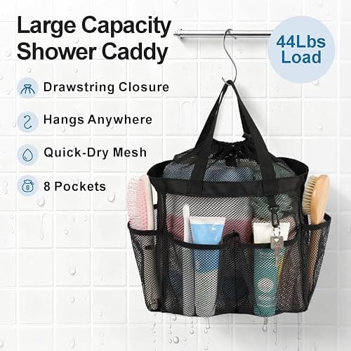 F-color Mesh Shower Caddy Portable with Drawstring, S Hook - 8 Deeper Pockets 2 Handles College Dorm Room Essentials for Girls Guys, Shower Bag Hanging for Camping Gym Travel Toiletry Bathroom, Black thumbnail 6