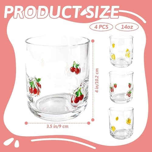 Trxvxo 4 Pcs Fruit Icon Juice Glasses, Anthropologie Cups 14 Oz | Cute Pattern Icon Glass Cups for Drinking, Coffee, Home, Birthday Party, Holiday Gift thumbnail 3