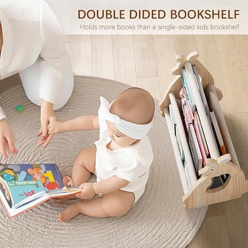 Lullulii Double Sided Kids Bookshelf – 2 Tier Portable Toddler Bookshelf, Book Shelf for Kids Rooms & Playroom, Cute Kangaroo Design Wooden Montessori Baby Bookshelf,Toddler Book Display Shelves thumbnail 7