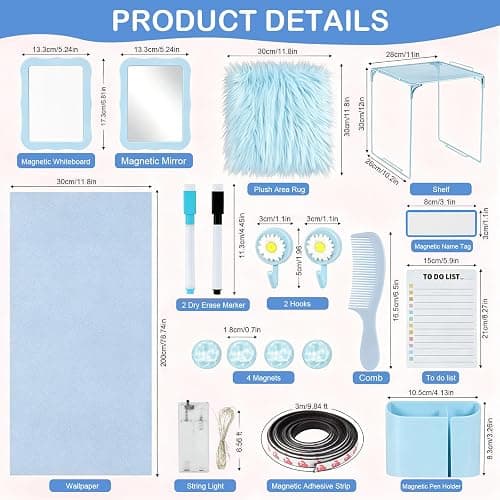 Flickzy 19 PCS Locker Accessories for Girls - Locker Decorations Kit with Magnetic Mirror Whiteboard Shelf Rug Wallpaper Lights, Locker Organizer Set for School Dorm Gym Office (Blue) thumbnail 3