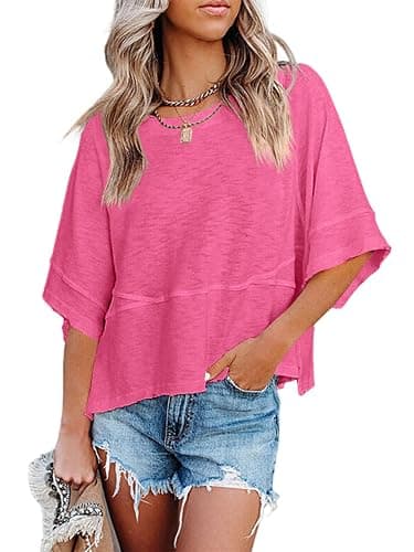 Sovelen Women's Summer Casual Crewneck Batwing Half Sleeve T-Shirts Solid Color Loose Fit Cute Basic Flowy Tops Tees Blouses - Image 1