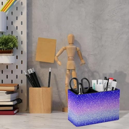 QIPVEKR Purple Blue Gradient Glitters Leather Pen Container 5.9X2.8 In | Multifunctional Pen Container with 2 Compartments,Pencil Holder Desktop Organizer Makeup Brush Holder for Office Home thumbnail 6