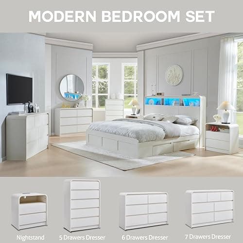 Aitjunz 25" Tall Modern Nightstand with Charging Station, 23.6'' Wide Wood Bedside Table w/2 Storage Drawers, Large Mid Century End Table for Bedroom, Living Room, Curved Profile Design, White thumbnail 6