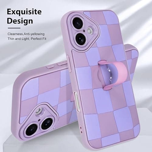 KANGHAR Compatible with iPhone 16 Case Checkered -Purple | Silicone Cute Pattern, Wristband Kickstand Camera Protection Soft Slim Cover for Girls Women thumbnail 3