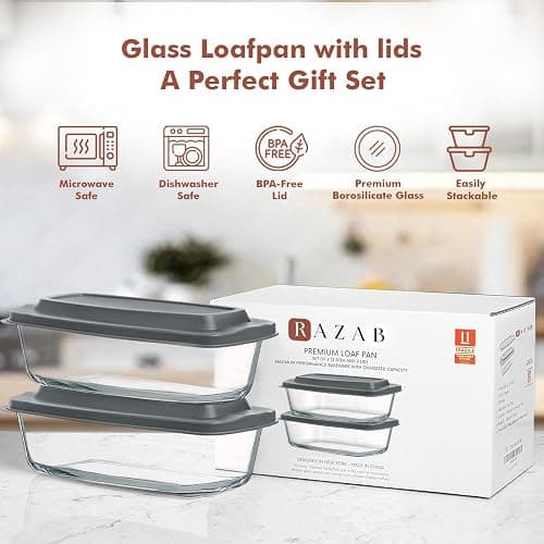 Razab LARGE 7.6 Cups/1800 ML/1.9 Qt Glass Loaf Pan with Lids (Set of 2) - Meatloaf Pan BPA free Airtight Lids Grip Handle Easy Carry, Microwave and Oven Safe - Loaf Pans For Baking Bread, Cakes thumbnail 7