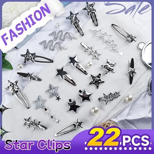 22 Pcs Silver Hair Clips Metal Star Barrettes, 13 Shapes Hairpin Barrettes, Goth Hair Pins Set, Punk 2000s Hair Accessories for Women and Girls Styling Star Hairpin (22 PCS) thumbnail 7