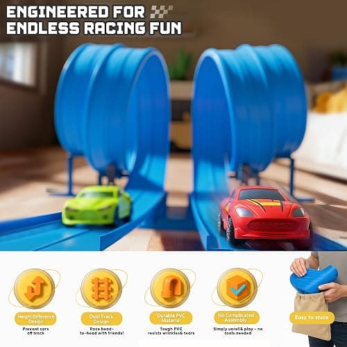 15.75 Ft Flex Track for Kids, Flexible Race Track Compatible with Hot Wheels and Diecast 1/64th Cars, Roll-Up Portable Race Car Ramp Track with Suction Cups & Track Anchors & 4 Race Cars, Blue thumbnail 3