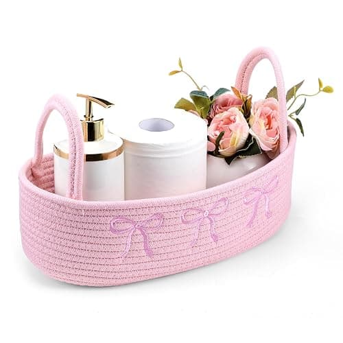 Vesici Pink Bow Woven Storage Basket for Toilet Tank Top Boho Cotton Rope Bathroom Countertop Organizer Basket with Handle Pink Bathroom Decor for Bedroom Nursery Toys Organizing, 13 x 6 x 4 Inch thumbnail 5