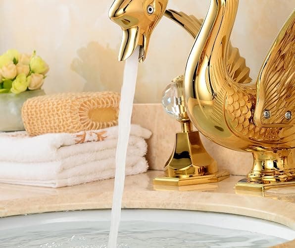 YCCUZA Widespread Bathroom Faucet Swan Design Gold Two Handles 3 Holes 8-16 Inch Bathroom Sink Faucet Lavatory Mixer Tap with Water Supply Hose Deck Mount Bathtub thumbnail 7