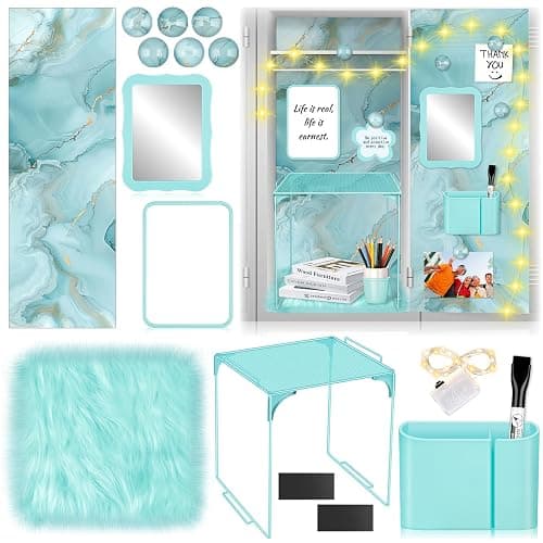 18 Pcs Teal Marble Locker Organizer Kit Includes Magnetic Wallpaper Shelf Mirror Pen Holders and Organizing Supplies Locker Accessories for Girls Back to School Organization - Image 1