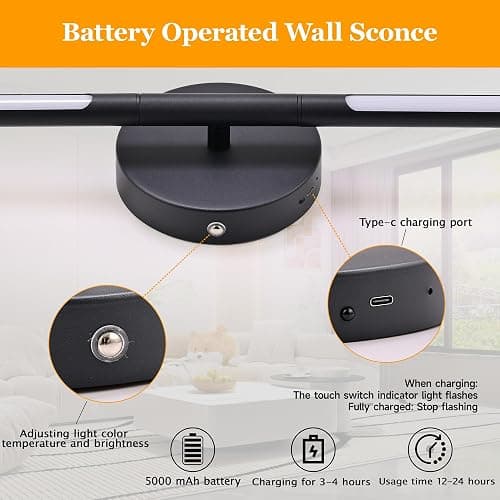 38°GARDEN Black Battery Operated Wall Sconces Set of 2 360° Rotate Dimmable LED Wall Lamps 19.6 Inch Wireless Rechargeable Wall Lights with Remote Control thumbnail 5