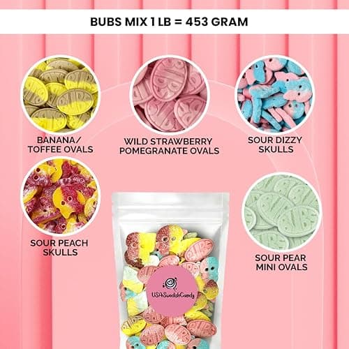 Bubs Swedish Candy Mix (1/2 Pound) - Ovals, Skulls, and Tutti Frutti, Sweet and Sour Swedish Gummies - Best Vegan Candy - Bubs Godis From Sweden thumbnail 4