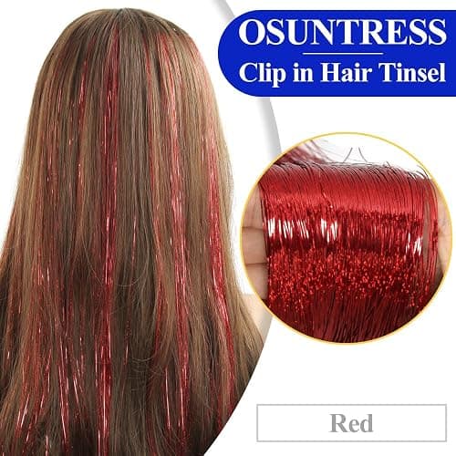 OSUNTRESS Red Hair Tinsel Clip In Accessories for Women 480 Strands 6Pcs | 20-22 Inch Fairy Clip On Hair Tinsel Kit Glitter Heat Resistant Straight Colored Extensions for USA Girl Festival Party Beach thumbnail 2