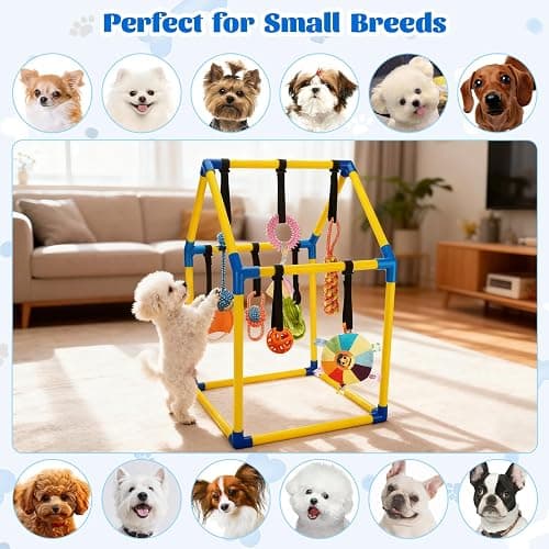 Puppy Play Gym with 9 Hanging Toys, Interactive Dog Enrichment Playground, Removable Indoor Training Activity Center for Puppies & Small Dogs, Adjustable PVC Frame, Teething & Squeaky Toys Included thumbnail 4