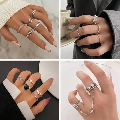 IFKM 36 PC Silver Plated Jewelry Set With 3 Necklace, 12 Bracelet, 7 Ear Cuffs Earring, 14 Knuckle Rings For Women Girls Valentine Anniversary Birthday Friendship Gift thumbnail 5