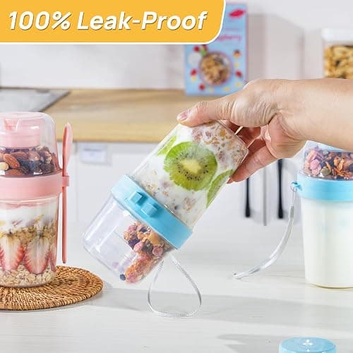 Vtopmart 4 Pack 27oz Yogurt Parfait Cups with Lids and Spoons, Overnight Oats Containers, Reusable Topping Compartment for Breakfast with Yogurt, Cereal or Oatmeal On-the-Go thumbnail 8
