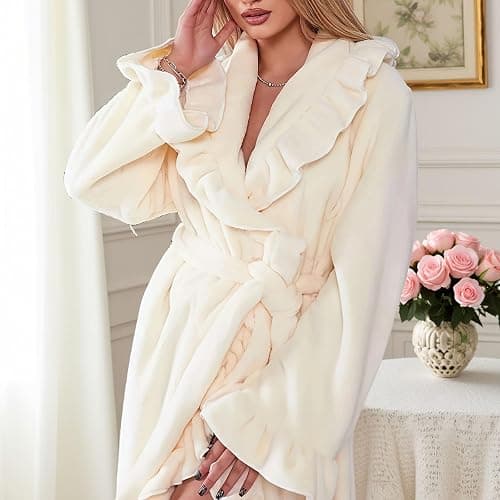 Oplxuo Fuzzy Robe for Women Cute Ruffle Plush Soft Long Sleeve Robes Fluffy Warm Fleece Long Bathrobe with Pockets thumbnail 6