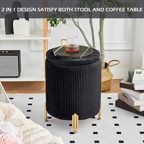 Mxfurhawa Round Ottoman Foot Stool with Storage and Metal Legs for Living Room Bedroom, Velvet Upholstered Footrest Stool Support 300lbs Modern Padded Seat Ottoman Coffee Table (Black) thumbnail 6