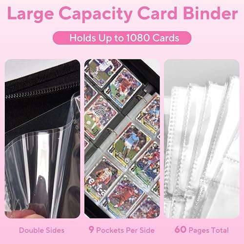 ULLTOON Portable 9-Pocket Trading Card Binder, Holds 1080 Cards | with 60 Removable Sleeves Baseball Card Binder, Compact Card Album Organizer for Game & Sports Cards, Pink Color thumbnail 5