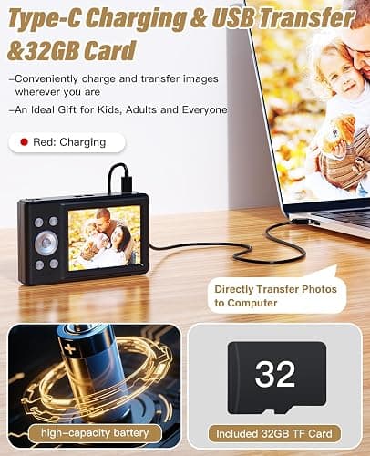 2025 New Digital Camera, 56MP FHD 1080P for Kids with 16x Digital Zoom Anti Shake, Face Detect, Smile Capture, 32GB TF Card, Battery, Lanyard, a Great Gift for Boys & Girls（Black） thumbnail 5