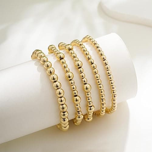Eaciy Gold Bracelets for Women, 14K Gold Plated Beaded Bracelets Gold Strand Bead Ball Bracelet Stack Set Adjustable Bracelet Set Waterproof Jewelry for Women Gifts Non Tarnish thumbnail 7