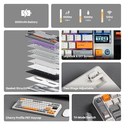 EPOMAKER RT85 Wireless Mechanical Keyboard with Joystick & DIY Screen, 8000mAh, BT/USB/2.4Ghz, Hot-Swap, PBT Keycap, Creamy Gasket, 75% Gaming Keyboard, US QWERTY (White, Creamy Jade Switch) thumbnail 3