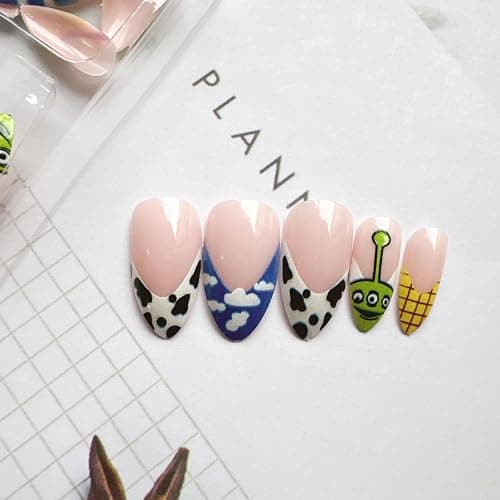 Halloween Press on Nails Almond Shape Fake Nails Green Acrylic Nails French Tip False Nails Clouds Cow Pattern Design Cute Stick on Nail Full Cover Glossy Glue on Nail for Women Manicure thumbnail 5