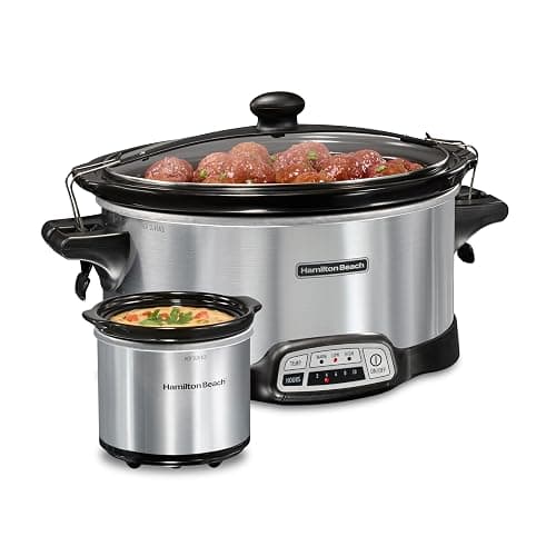 Hamilton Beach Programmable Stay or Go® Slow Cooker, 7 Quart Capacity, Includes 20 oz. Party Dipper Food Warmer, Silver, R33477 (Renewed) - Image 1