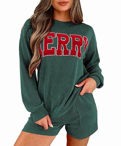 Opemiby Womens 2 Piece Pajama Sets Ribbed Matching Lounge Short Set Outfit | 2026 Long Sleeve Top and Shorts Pjs Loose Loungewear with Pockets Fall Winter Vacation Outfits - Image 1