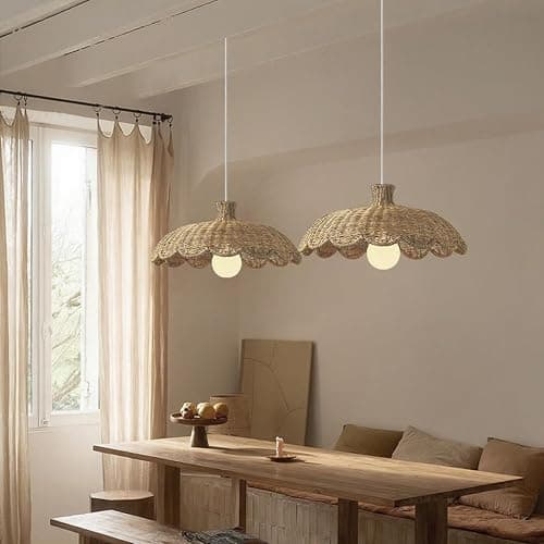 MIXL-Rattan Woven Beige Pendant Light,Scalloped Shade Small Hanging Light,Rustic Kitchen Island Lighting,Boho Style Pendant Lamp for Living Room Bedroom thumbnail 5