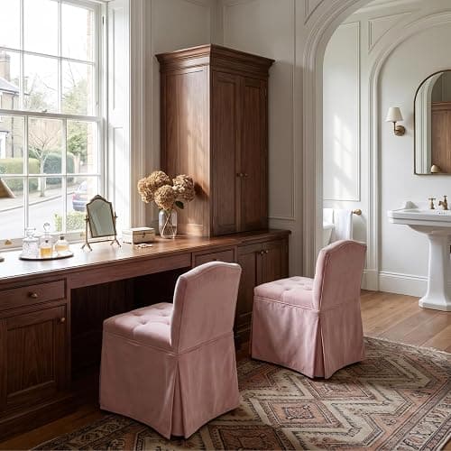 DM Furniture Pink Velvet Makeup Vanity Chair with Back & Wheels | Upholstered Skirted Vanity Stool, Metal Legs, Armless, Swivel Slipper Accent Chair, Rolling Desk Chair, Living Room, Bedroom thumbnail 7